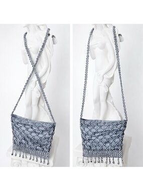 Vintage Beaded Evening Bag Gunmetal Gray Zippered Top Access